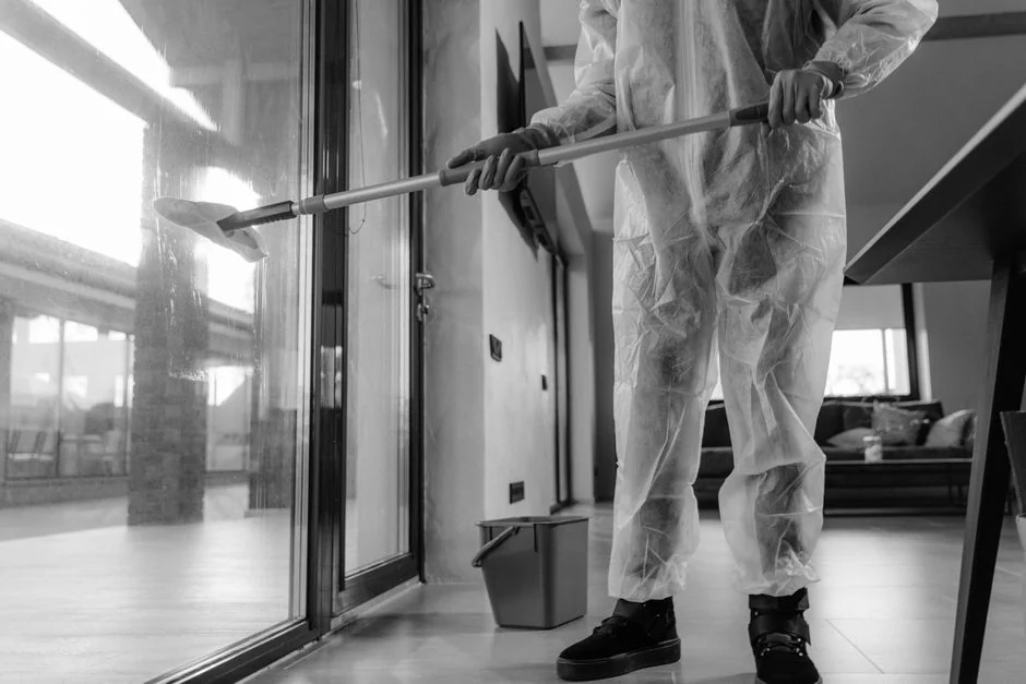 Close-up of people cleaning wooden floor with broom and dustpan indoors.